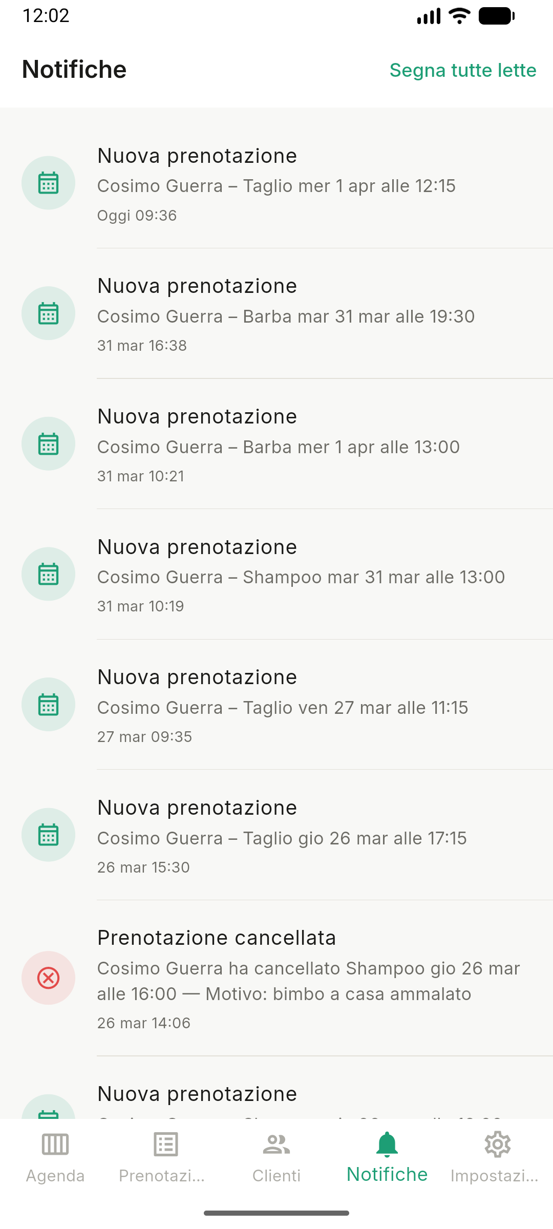 Schermata notifiche in tempo reale – Prenotix