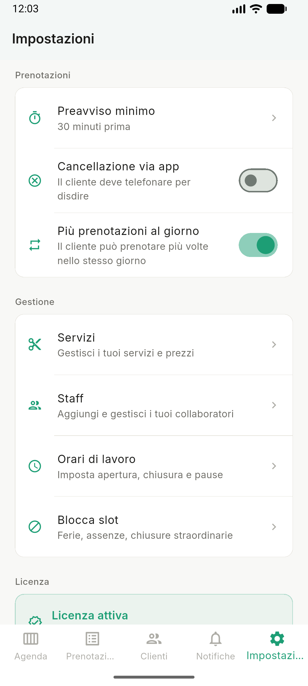 Schermata impostazioni prenotazioni – Prenotix